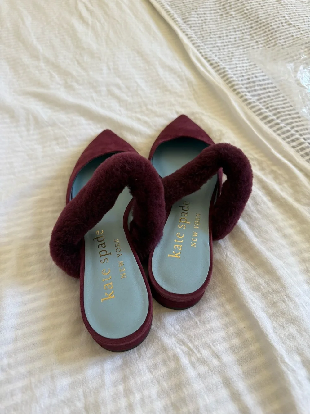 kate spade Wine Suede Pointed-Toe Fur-Trim Mules